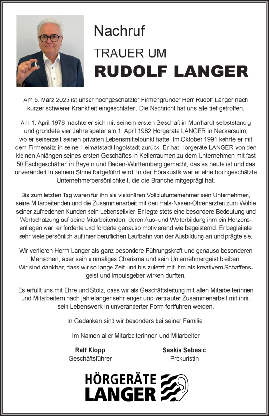 Traueranzeige von Rudolf Langer von Fränkische Nachrichten
