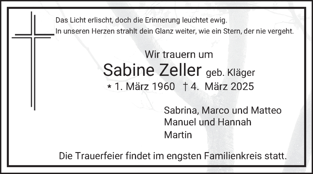  Traueranzeige für Sabine Zeller vom 15.03.2025 aus Fränkische Nachrichten