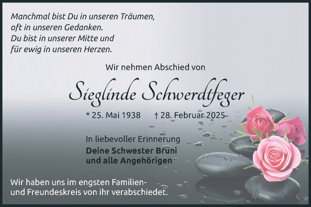  Traueranzeige für Sieglinde Schwerdtfeger vom 19.03.2025 aus Mannheimer Morgen