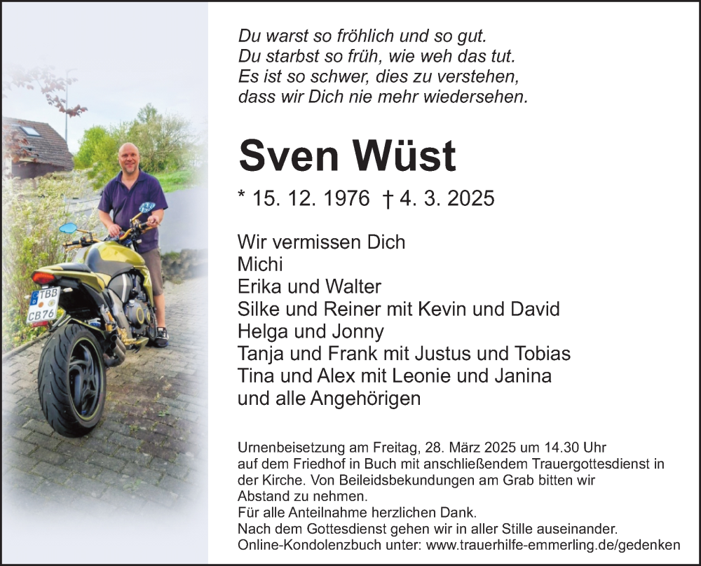  Traueranzeige für Sven Wüst vom 22.03.2025 aus Fränkische Nachrichten
