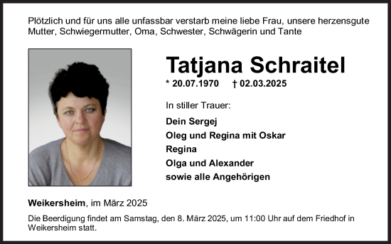 Traueranzeige von Tatjana Schraitel von Fränkische Nachrichten