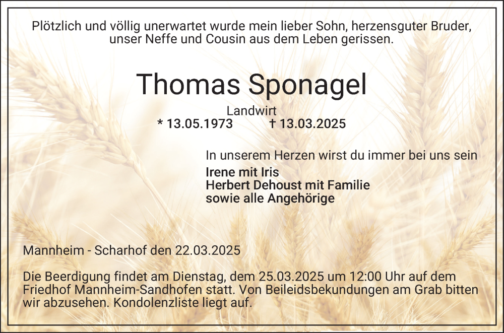  Traueranzeige für Thomas Sponagel vom 22.03.2025 aus Mannheimer Morgen