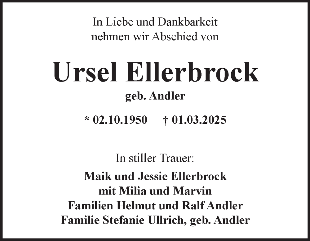  Traueranzeige für Ursel Ellerbrock vom 22.03.2025 aus Fränkische Nachrichten