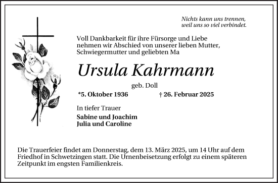 Traueranzeige von Ursula Kahrmann von Schwetzinger Zeitung