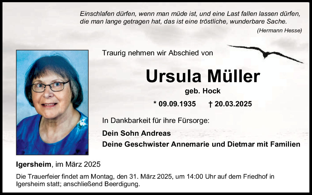  Traueranzeige für Ursula Müller vom 27.03.2025 aus Fränkische Nachrichten