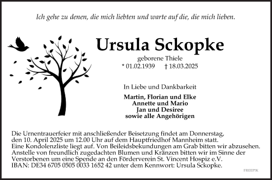 Traueranzeige von Ursula Sckopke von Mannheimer Morgen