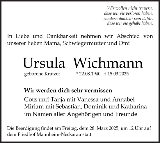 Traueranzeige von Ursula Wichmann von Mannheimer Morgen