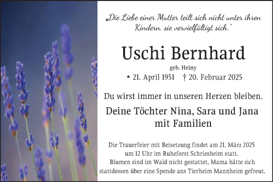 Traueranzeige von Uschi Bernhard von Mannheimer Morgen