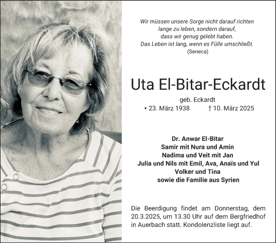 Traueranzeige von Uta El-Bitar-Eckardt von Bergsträßer Anzeiger