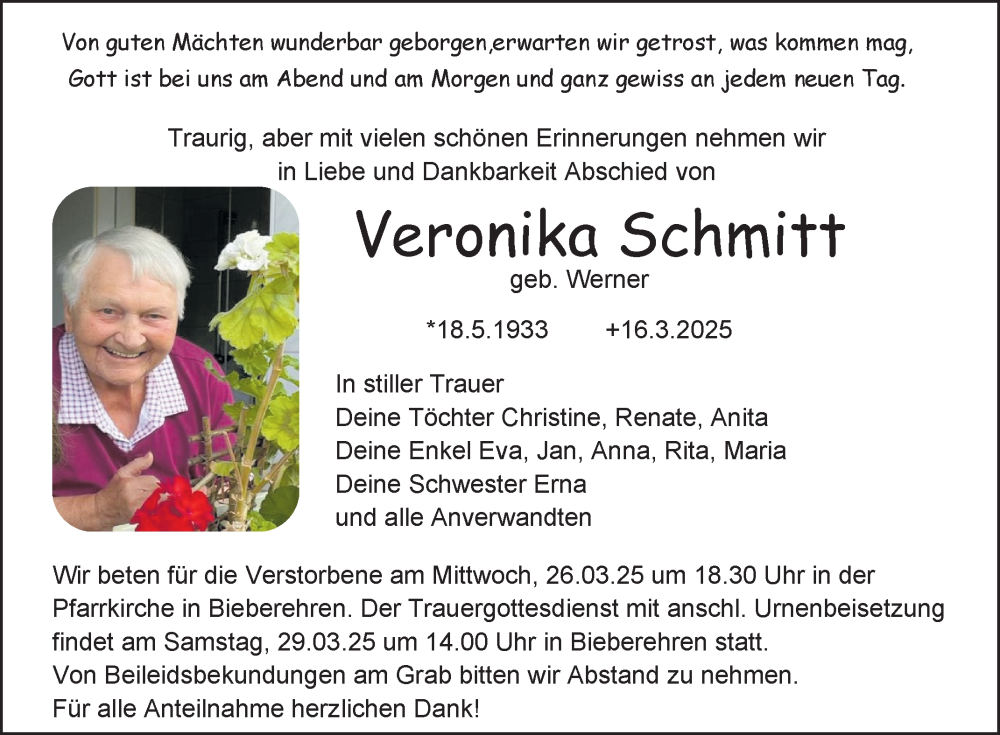  Traueranzeige für Veronika Schmitt vom 25.03.2025 aus Fränkische Nachrichten
