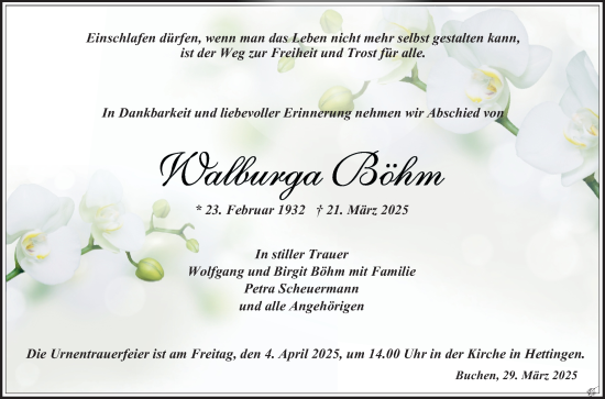 Traueranzeige von Walburga Böhm von Fränkische Nachrichten