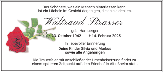 Traueranzeige von Waltraud Strasser von Schwetzinger Zeitung