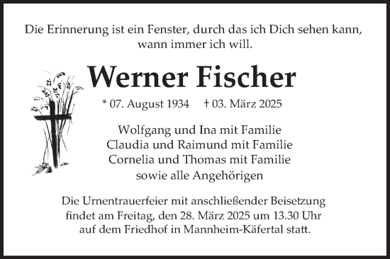 Traueranzeige von Werner Fischer von Mannheimer Morgen
