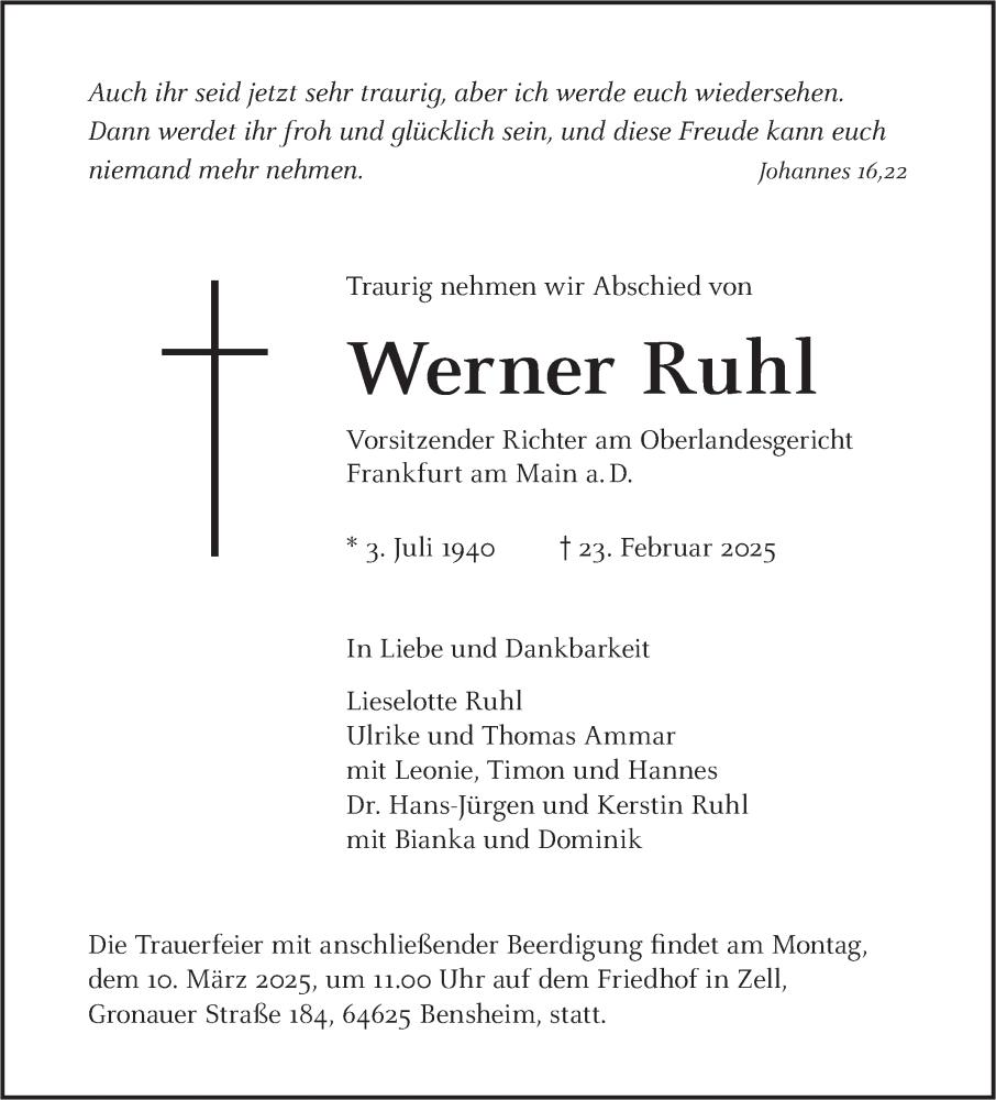  Traueranzeige für Werner Ruhl vom 08.03.2025 aus Bergsträßer Anzeiger