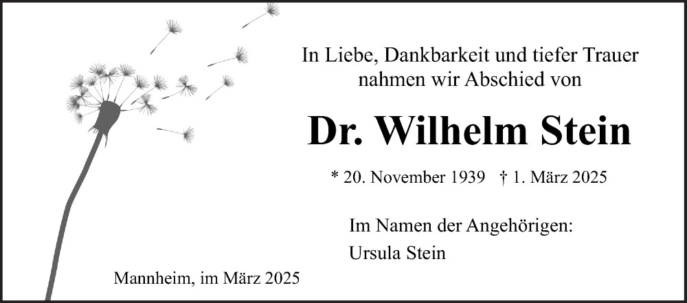  Traueranzeige für Wilhelm Stein vom 22.03.2025 aus Mannheimer Morgen