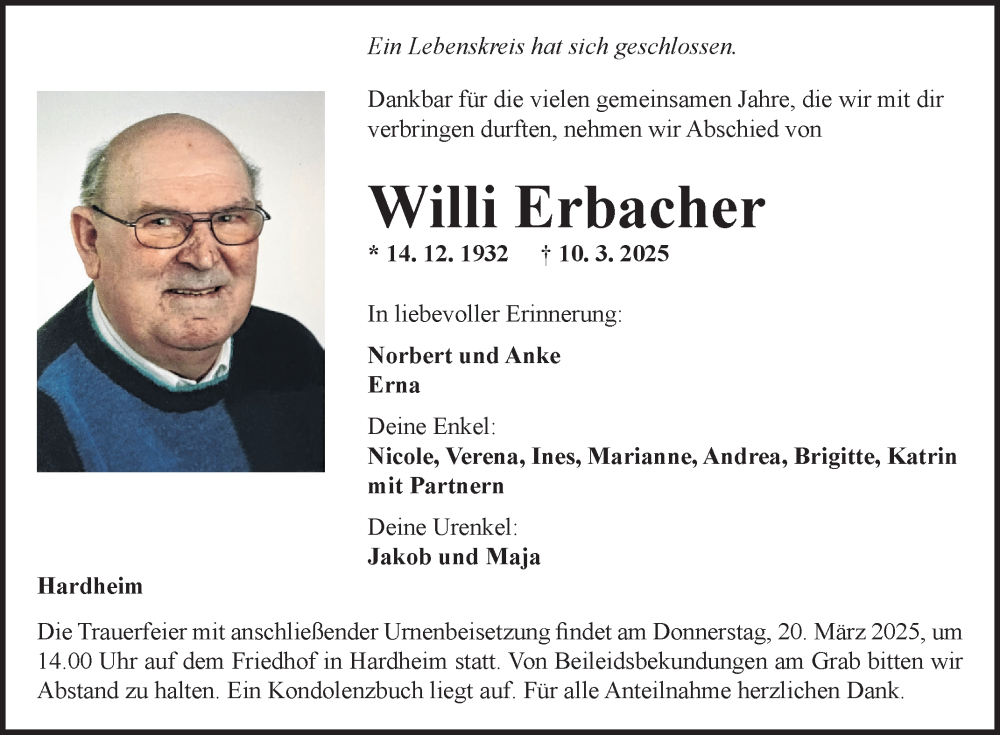  Traueranzeige für Willi Erbacher vom 17.03.2025 aus Fränkische Nachrichten