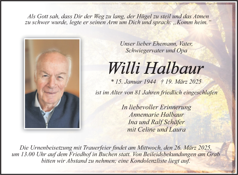  Traueranzeige für Willi Halbaur vom 22.03.2025 aus Fränkische Nachrichten