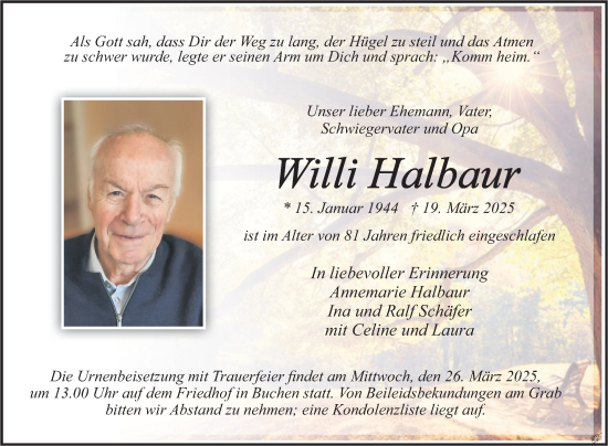 Traueranzeige von Willi Halbaur von Fränkische Nachrichten