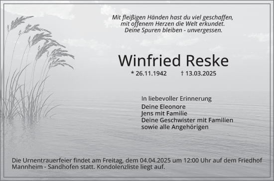Traueranzeige von Winfried Reske von Mannheimer Morgen
