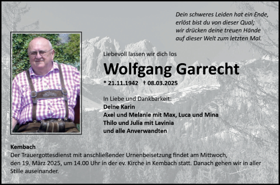 Traueranzeige von Wolfgang Garrecht von Fränkische Nachrichten