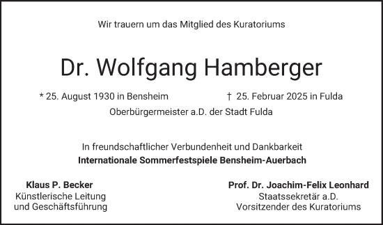 Traueranzeige von Wolfgang Hamberger von Bergsträßer Anzeiger