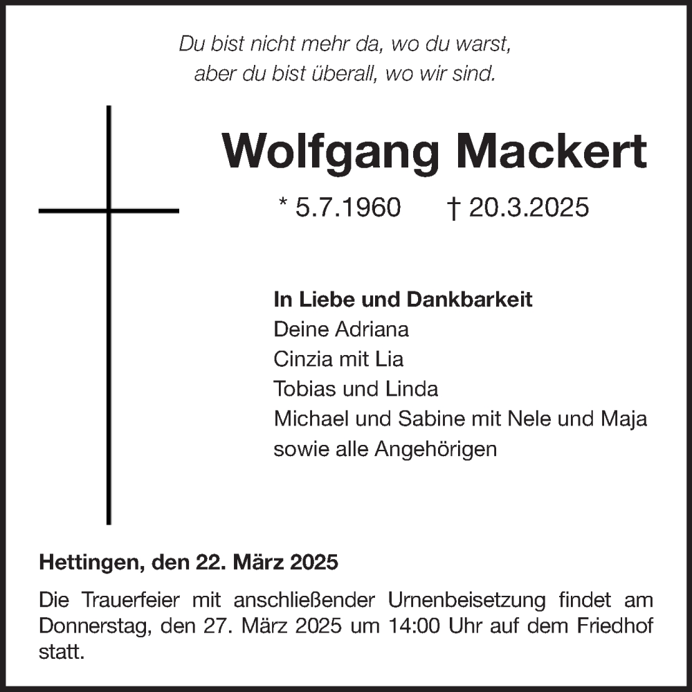  Traueranzeige für Wolfgang Mackert vom 22.03.2025 aus Fränkische Nachrichten