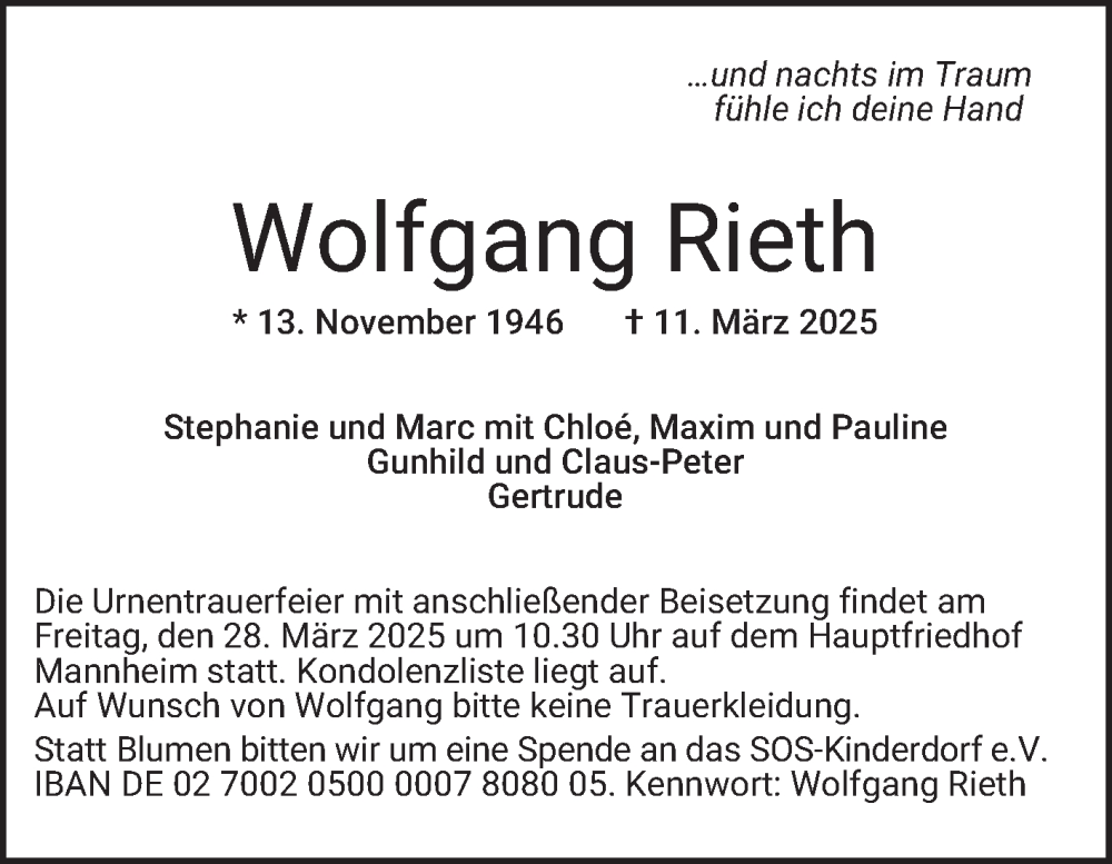 Traueranzeige für Wolfgang Rieth vom 22.03.2025 aus Mannheimer Morgen