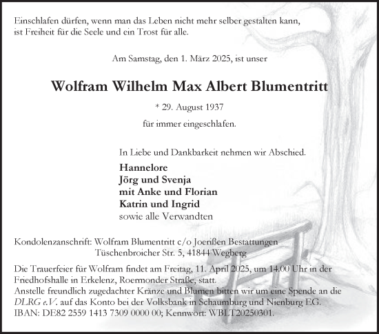 Traueranzeige von Wolfram Wilhelm Max Albert Blumentritt von Fränkische Nachrichten