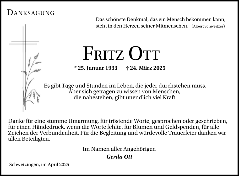  Traueranzeige für Fritz Ott vom 04.04.2025 aus Schwetzinger Zeitung