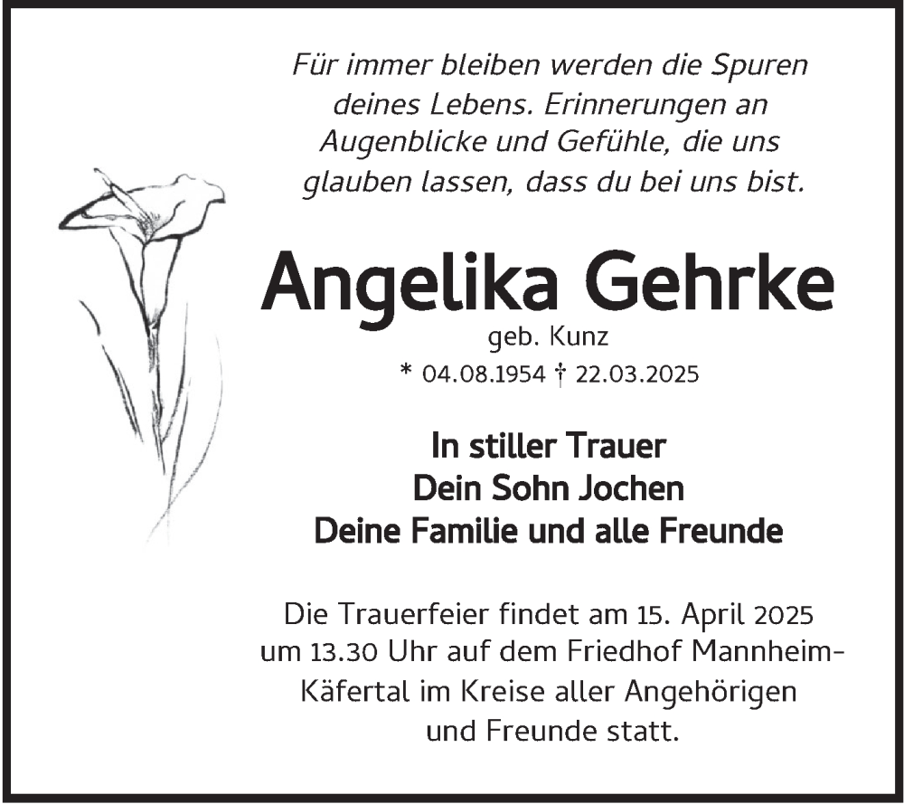  Traueranzeige für Angelika Gehrke vom 05.04.2025 aus Mannheimer Morgen
