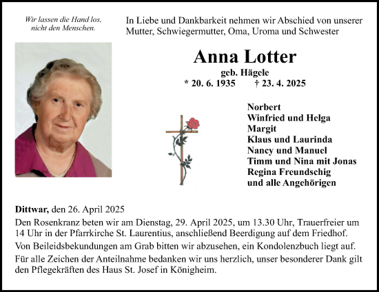 Traueranzeige von Anna Lotter von Fränkische Nachrichten