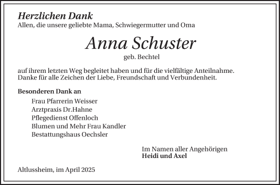 Traueranzeige von Anna Schuster von Schwetzinger Zeitung