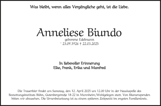 Traueranzeige von Anneliese Biundo von Mannheimer Morgen