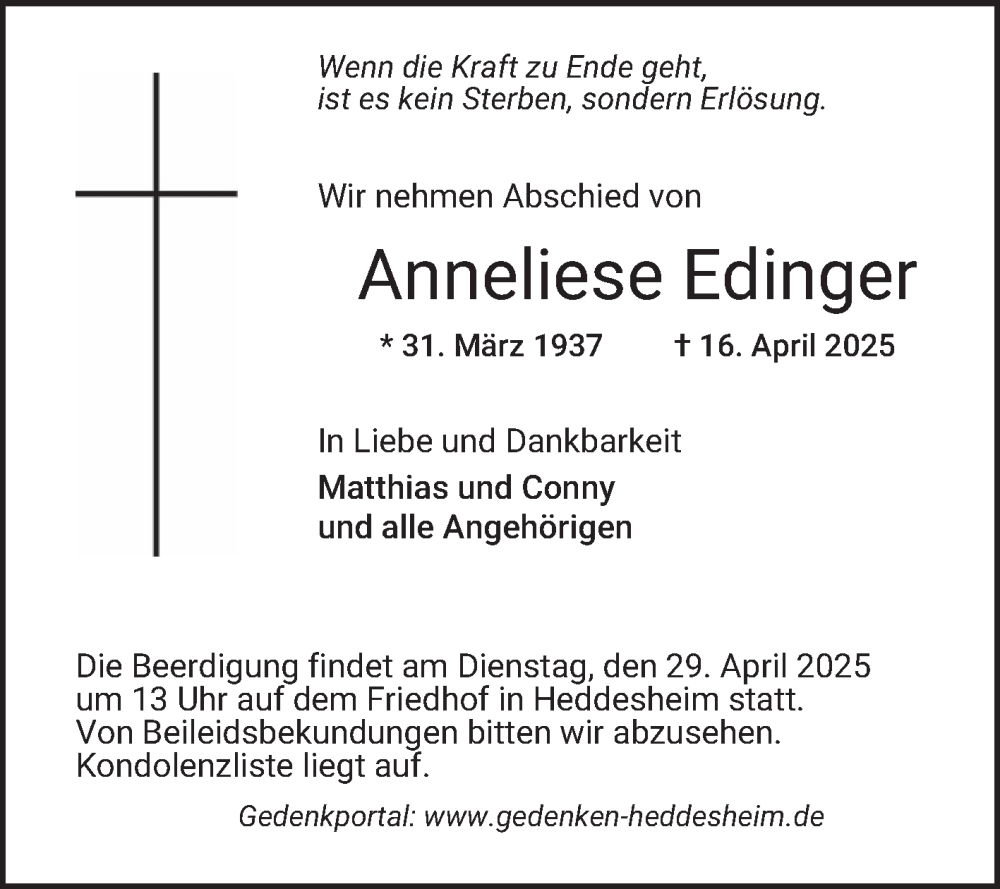  Traueranzeige für Anneliese Edinger vom 26.04.2025 aus Mannheimer Morgen
