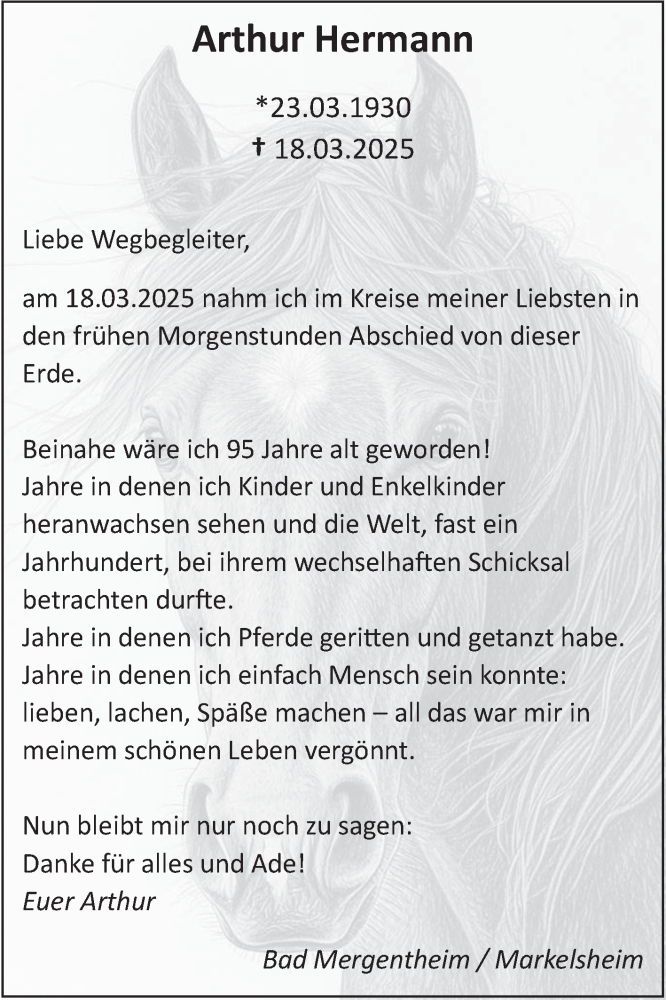  Traueranzeige für Arthur Hermann vom 30.04.2025 aus Fränkische Nachrichten