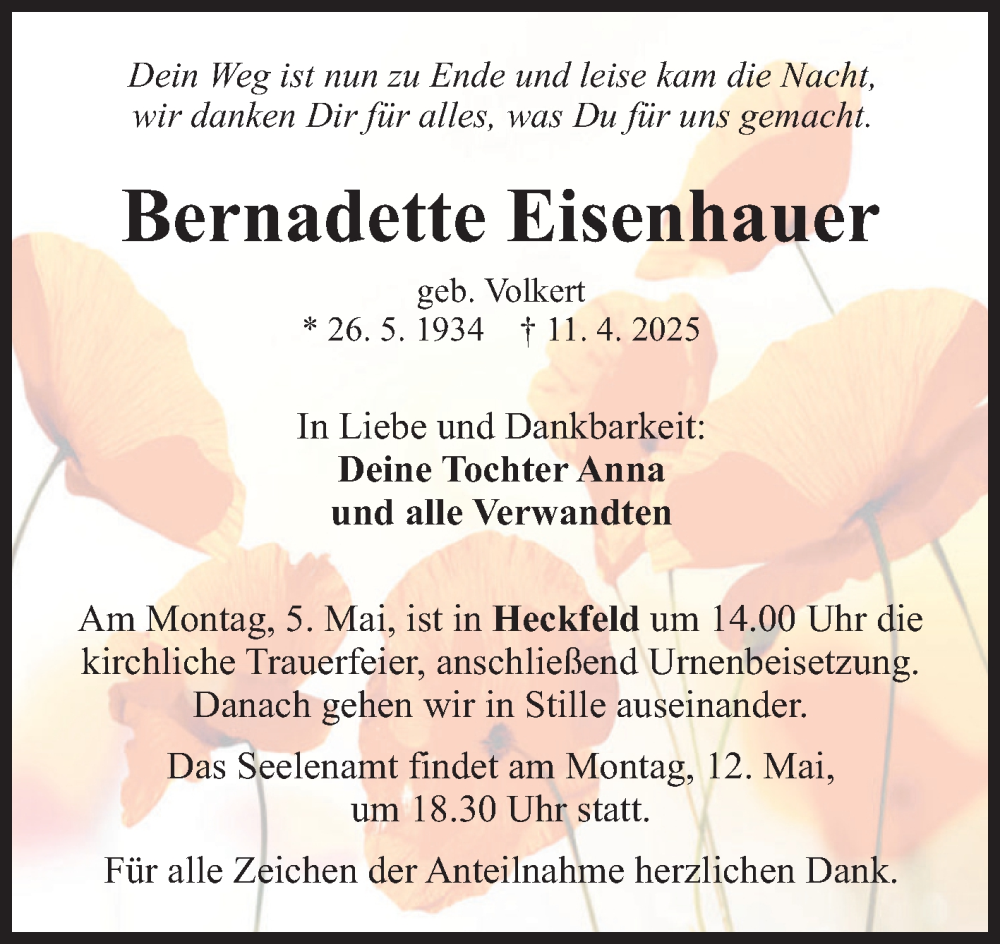  Traueranzeige für Bernadette Eisenhauer vom 30.04.2025 aus Fränkische Nachrichten