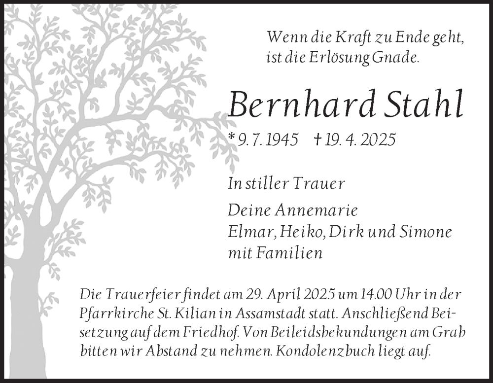  Traueranzeige für Bernhard Stahl vom 26.04.2025 aus Fränkische Nachrichten