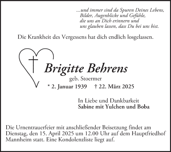 Traueranzeige von Brigitte Behrens von Mannheimer Morgen