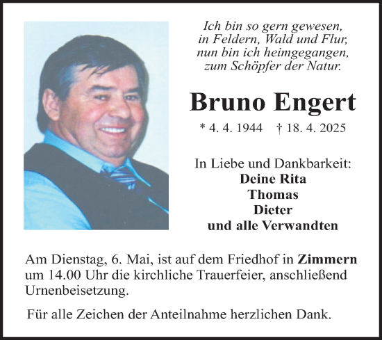 Traueranzeige von Bruno Engert von Fränkische Nachrichten