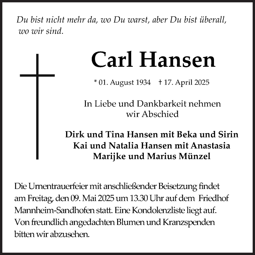  Traueranzeige für Carl Hansen vom 26.04.2025 aus Mannheimer Morgen