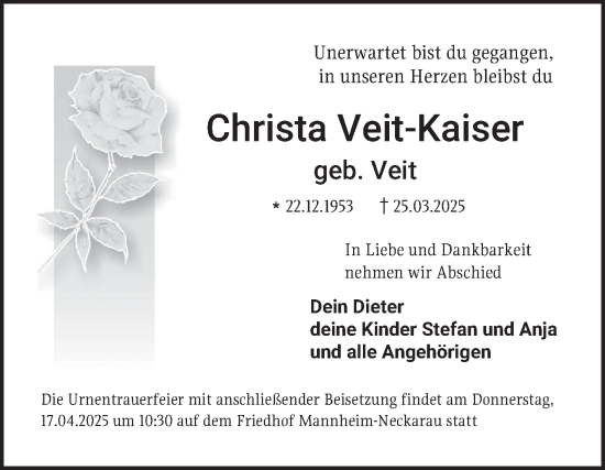 Traueranzeige von Christa Veit-Kaiser von Mannheimer Morgen