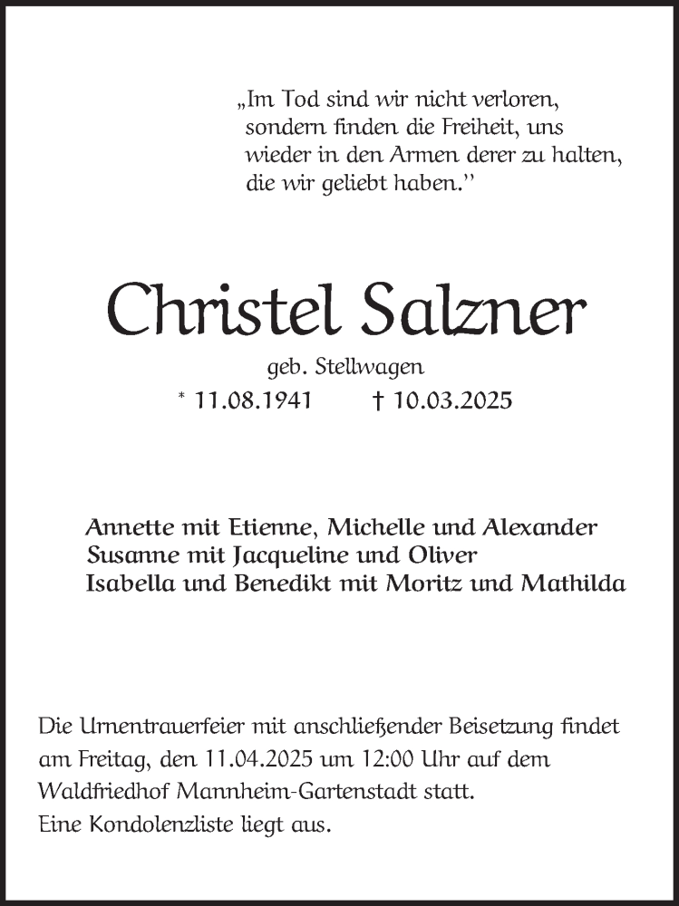  Traueranzeige für Christel Salzner vom 05.04.2025 aus Mannheimer Morgen