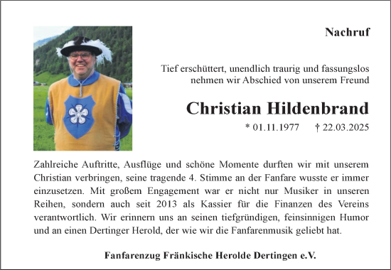 Traueranzeige von Christian Hildenbrand von Fränkische Nachrichten