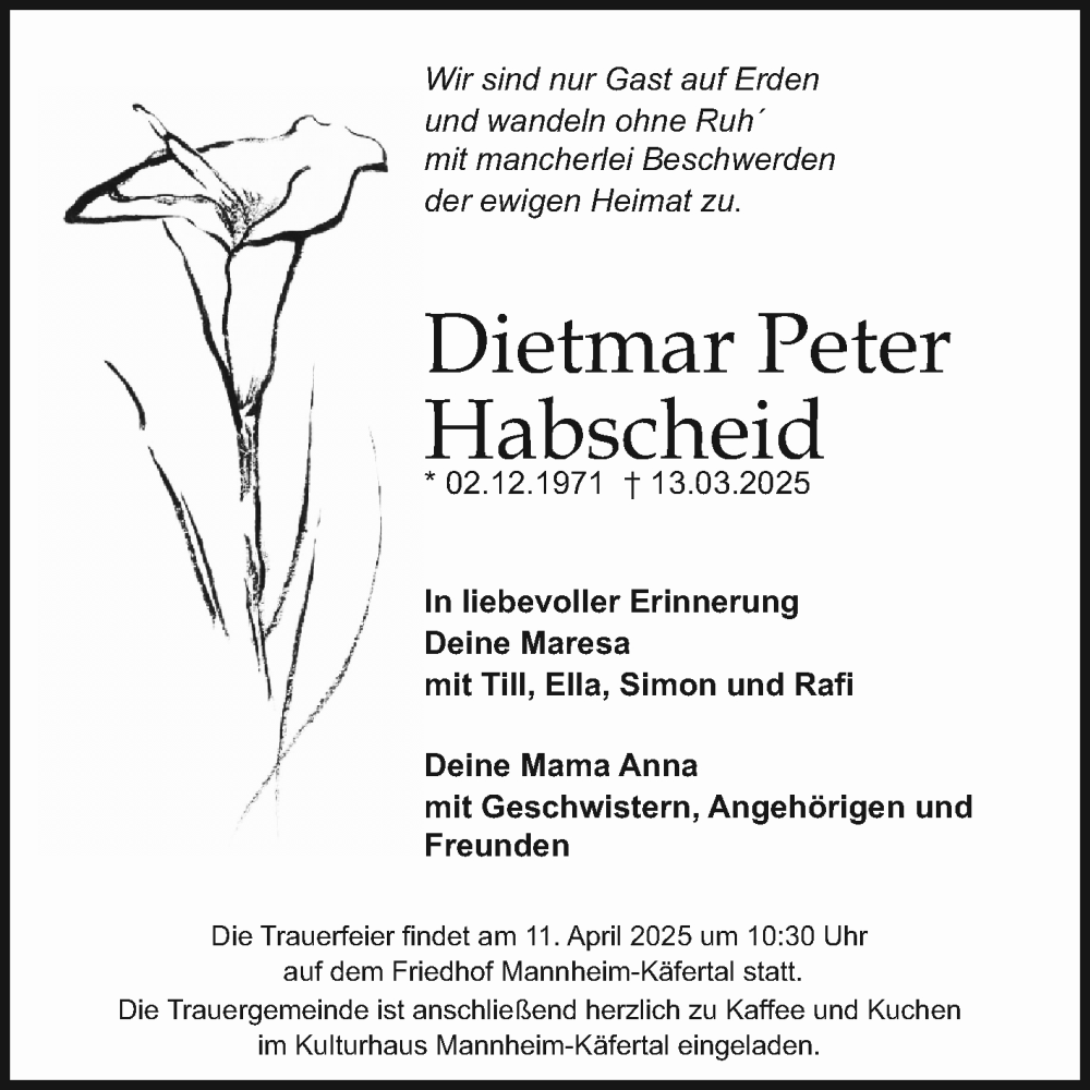  Traueranzeige für Dietmar Peter Habscheid vom 05.04.2025 aus Mannheimer Morgen
