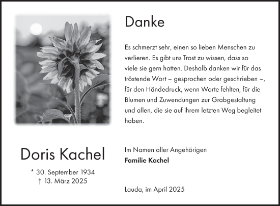 Traueranzeige von Doris Kachel von Fränkische Nachrichten