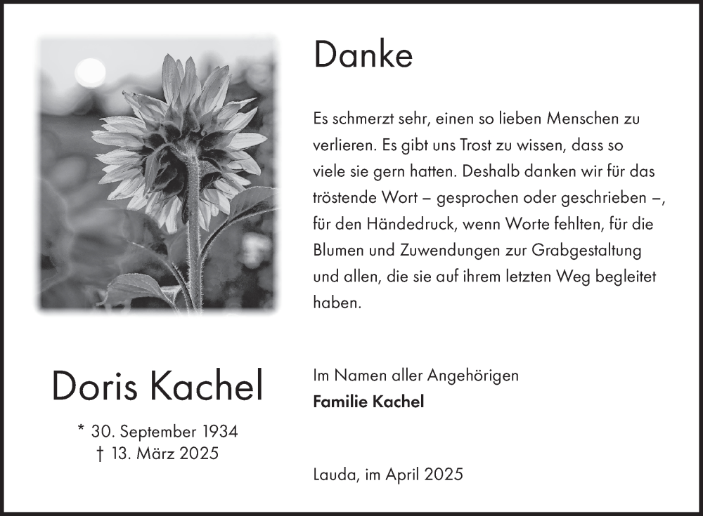  Traueranzeige für Doris Kachel vom 02.04.2025 aus Fränkische Nachrichten