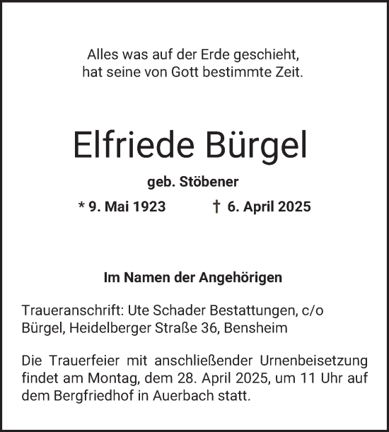 Traueranzeige von Elfriede Bürgel von Bergsträßer Anzeiger