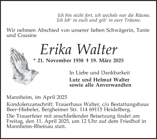Traueranzeige von Erika Walter von Mannheimer Morgen