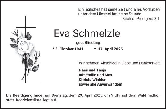 Traueranzeige von Eva Schmelzle von Bergsträßer Anzeiger