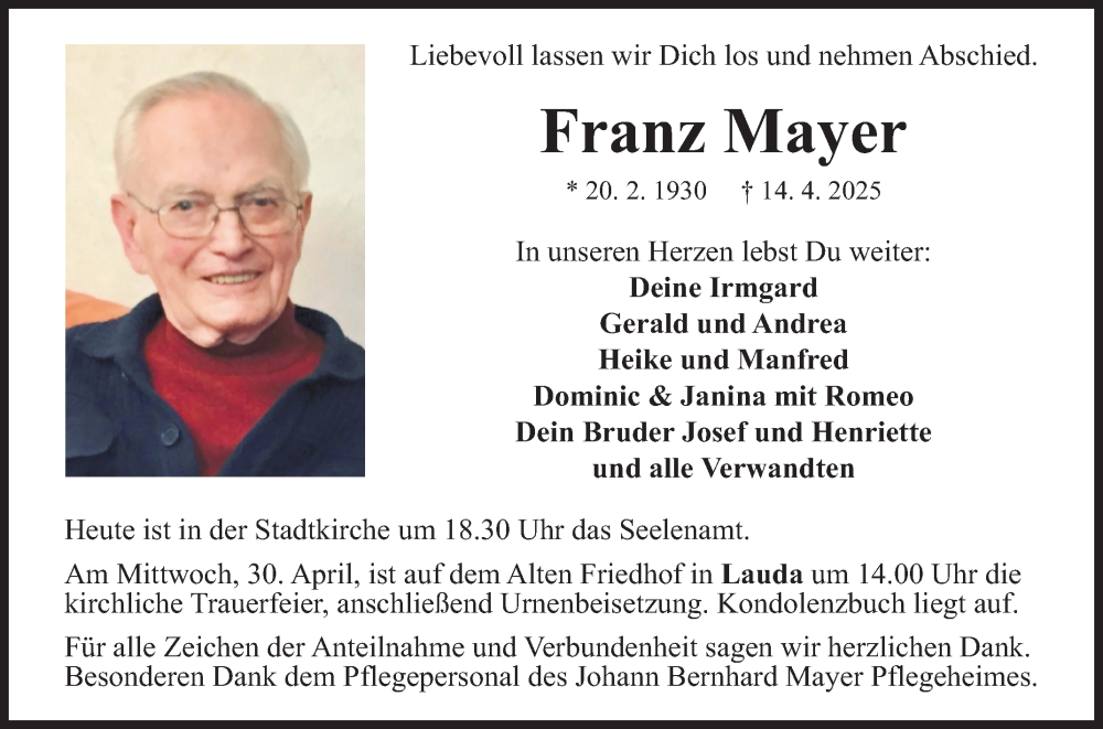  Traueranzeige für Franz Mayer vom 24.04.2025 aus Fränkische Nachrichten